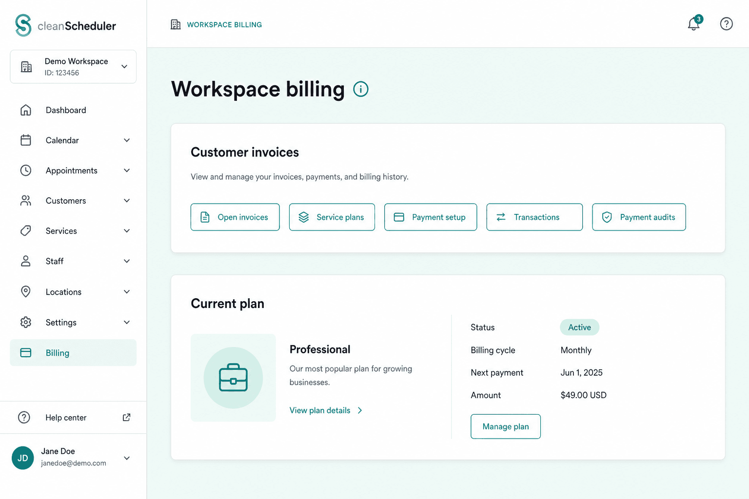 Clean Scheduler workspace billing hub showing customer AR tools