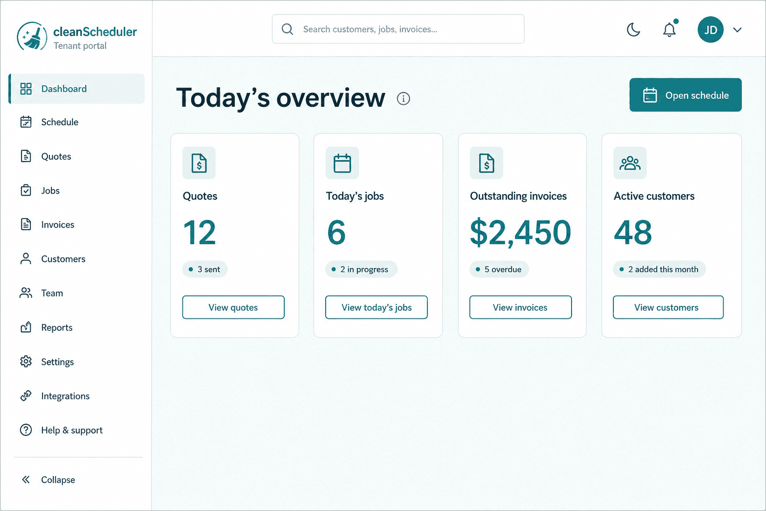 Clean Scheduler team dashboard with today’s jobs and key metrics
